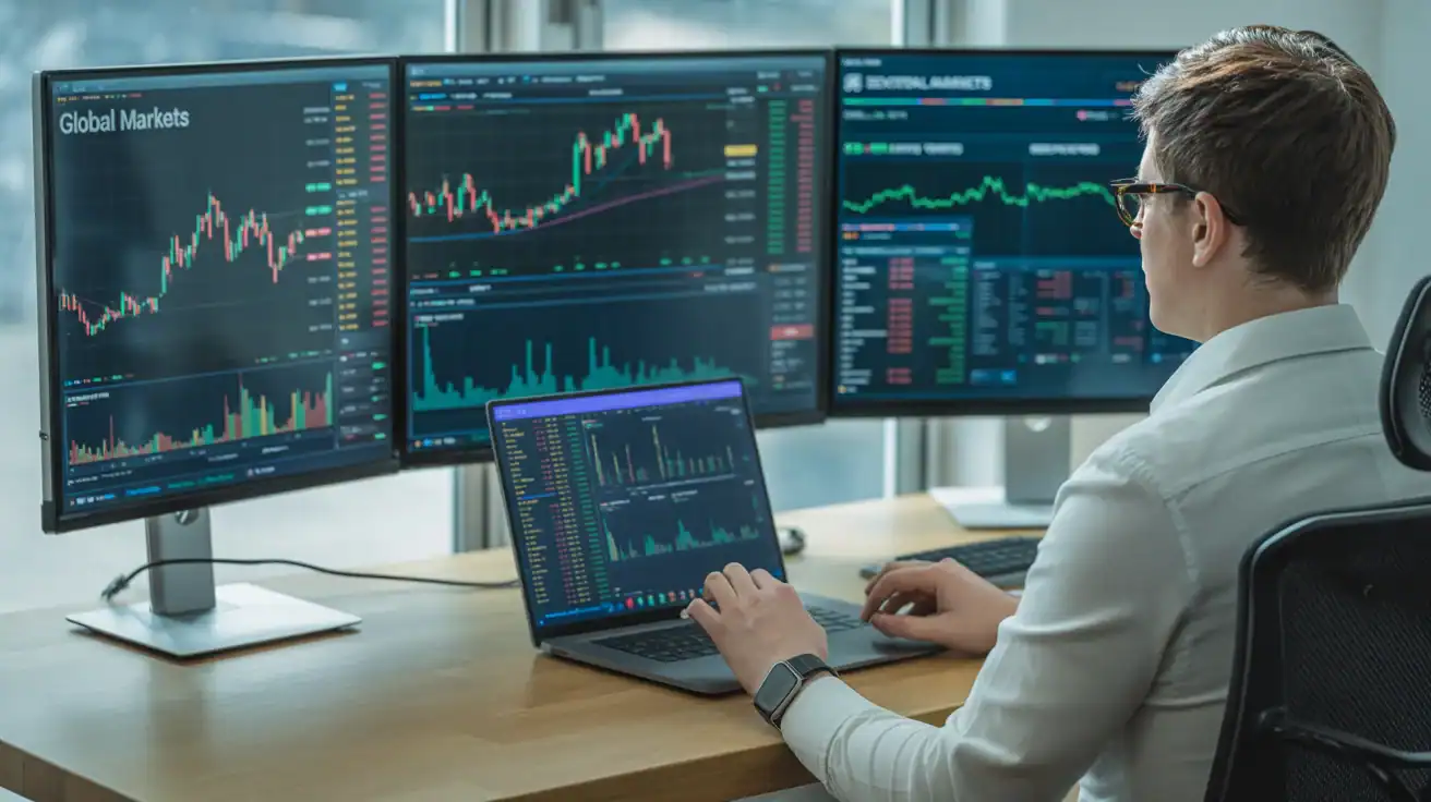 A person sits at a desk with a laptop and three monitors displaying various financial charts, graphs, and stock market data powered by AI Stock Trading and advanced algorithmic strategies.