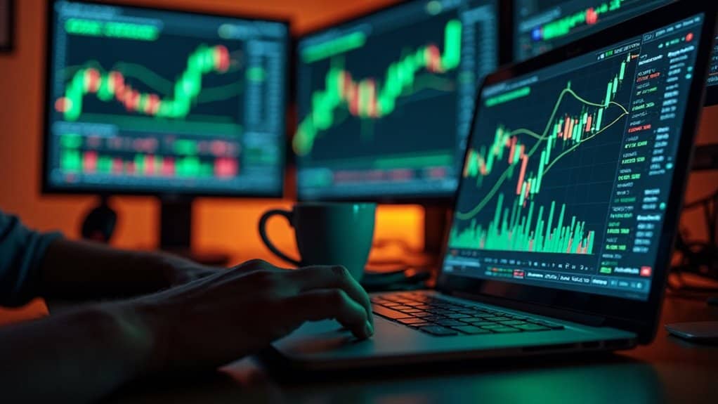 Person analyzing financial charts on a laptop, with additional trading screens displaying trend following forex strategies and market data, seeking consistent gains in a dimly lit room.