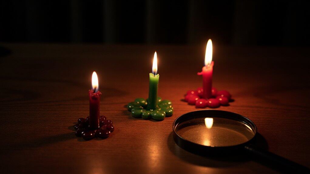 Three lit candles—red, green, and red—stand on a wooden surface next to a magnifying glass, evoking classic candlestick patterns. The background is dark.