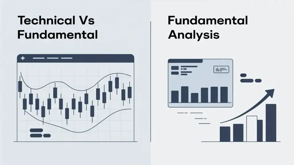 Split image comparing technical analysis, with a candlestick chart and waves, to fundamental analysis, featuring bar charts and financial data—perfect for those ready to enroll in the Best Stock Broker Course.