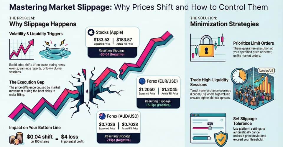 Infographic explaining slippage, its causes (volatility and liquidity), financial examples, and strategies on how to avoid slippage, such as using limit orders and trading during high-liquidity sessions.