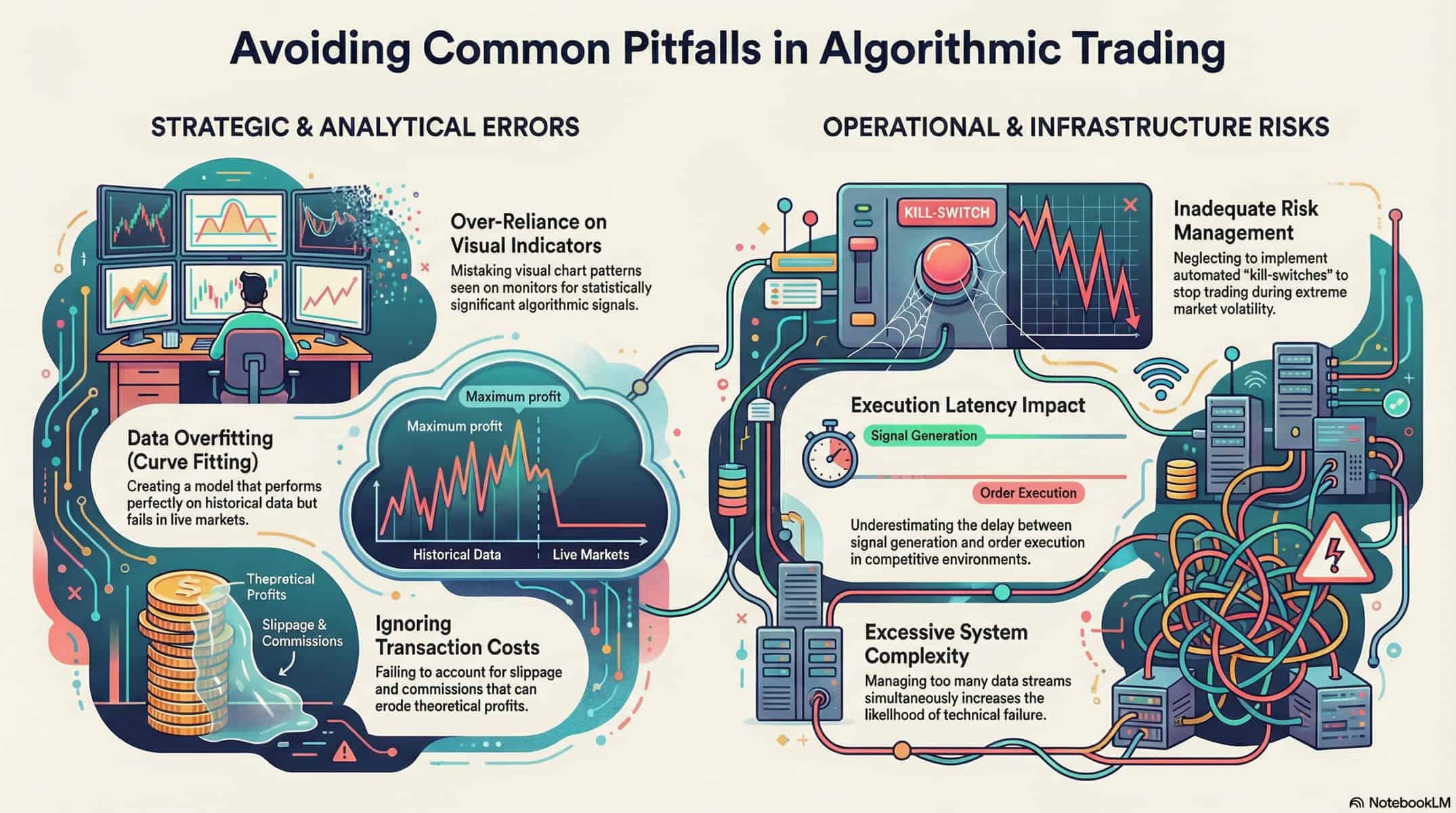 Infographic on algorithmic trading pitfalls, highlighting common mistakes like curve fitting and misuse of visual indicators, as well as operational risks such as latency impact and inadequate risk management.
