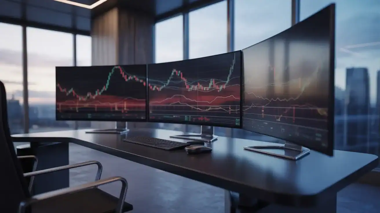 A modern office desk with three curved monitors displaying algorithmic trading charts and data, positioned in front of large windows overlooking a cityscape at dusk.
