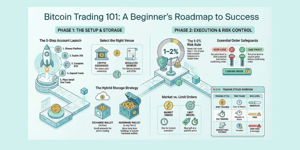 Infographic explaining steps and strategies on how to trade Bitcoin, covering account setup, storage options, order types, risk management, and online platform features for successful Bitcoin trading.