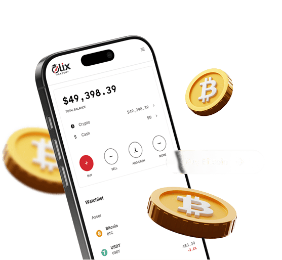 A smartphone displays a cryptocurrency trading app showing a balance of $49,398.39 with options to buy, sell, and add cash. Floating Bitcoin symbols surround the phone, evoking How to Guides for seamless digital asset management.