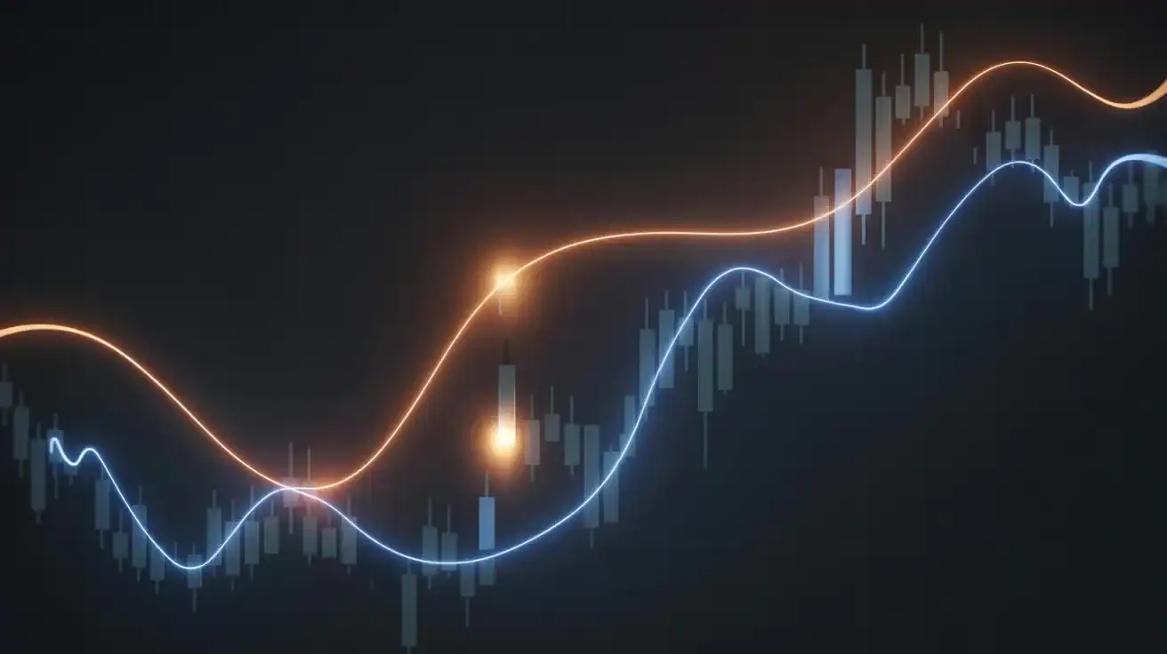 A digital chart displays fluctuating candlestick bars with two overlaying, glowing trend lines—one orange and one blue—against a dark background.