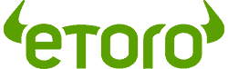 The image shows the green eToro logo with stylized horns extending from the letters "e" and "r".