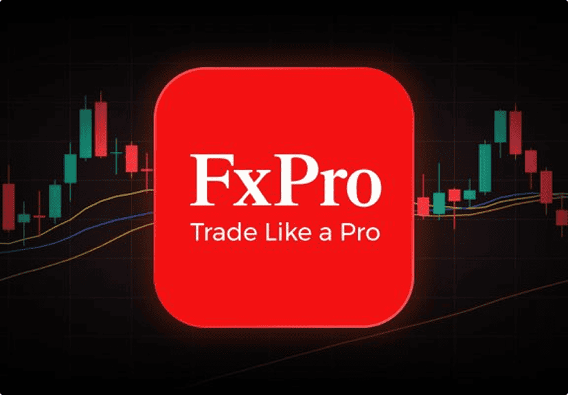 A red square with "FxPro Trade Like a Pro" in white text, overlaid on a background of a candlestick chart with colored moving average lines.