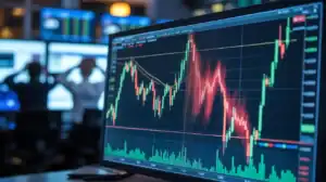 A computer monitor displays a candlestick chart with rising and falling stock prices, highlighting potential false breakouts; blurred figures sit at desks in the background, immersed in technical analysis.