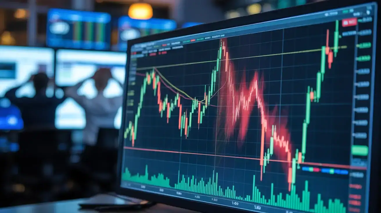 A computer monitor displays a candlestick chart with rising and falling stock prices, highlighting potential false breakouts; blurred figures sit at desks in the background, immersed in technical analysis.