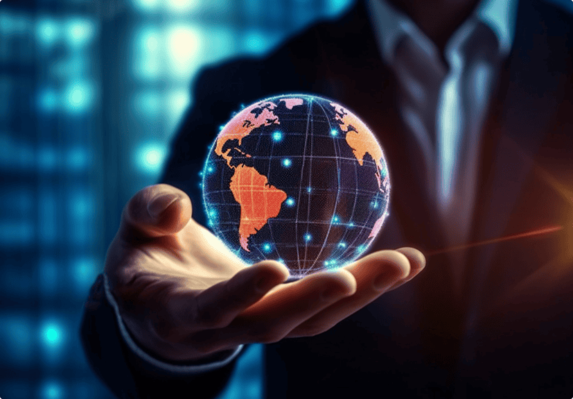 A person in a suit holds a digital, glowing globe with grid lines and highlighted continents, symbolizing global Live Sessions, set against a blurred, modern background.