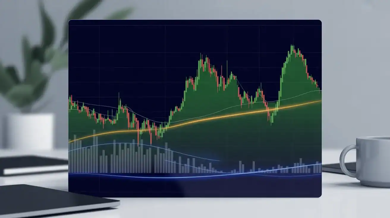 A digital screen displays a financial candlestick chart with volume bars, trend lines, and a fluctuating price pattern, highlighting a potential Head and Shoulders Pattern—a key focus in a Trading Guide for 2026.