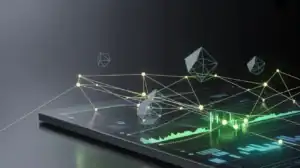 A digital tablet displays a glowing green financial chart with geometric shapes and connected lines floating above it, representing data analysis, technology, and serving as a complete guide to Buy Hedera (HBAR).