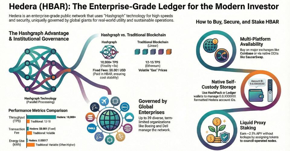 Complete Guide: This infographic explains Hedera (HBAR), its blockchain technology advantages, governance by global enterprises, and how you can Buy Hedera, secure, and stake HBAR tokens.