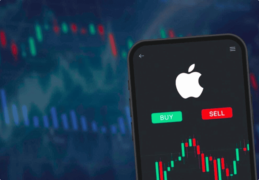 A smartphone screen shows an Apple logo with green "BUY" and red "SELL" buttons, set against a stock market chart background—perfect for anyone passionate about stock trading.