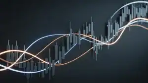 A digital chart showing candlestick graphs with overlaid blue and orange moving averages on a dark background, representing financial or stock market trend trading data analysis.