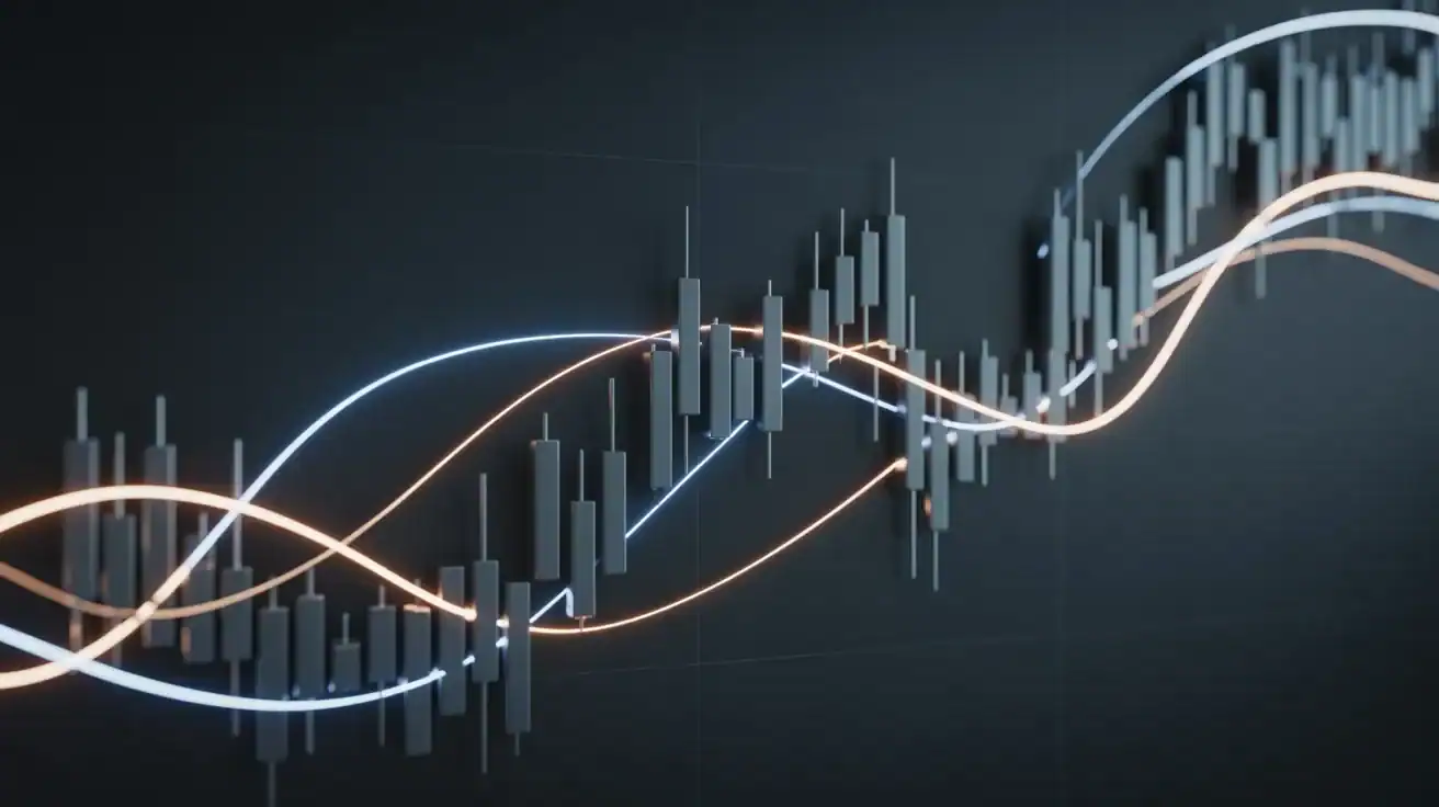 A digital chart showing candlestick graphs with overlaid blue and orange moving averages on a dark background, representing financial or stock market trend trading data analysis.