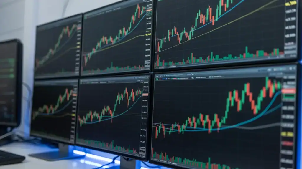 Six computer monitors display various financial charts, showcasing higher and lower charts for multi-timeframe analysis and candlestick patterns—essential pros for tracking trends and market data in stock or cryptocurrency trading.