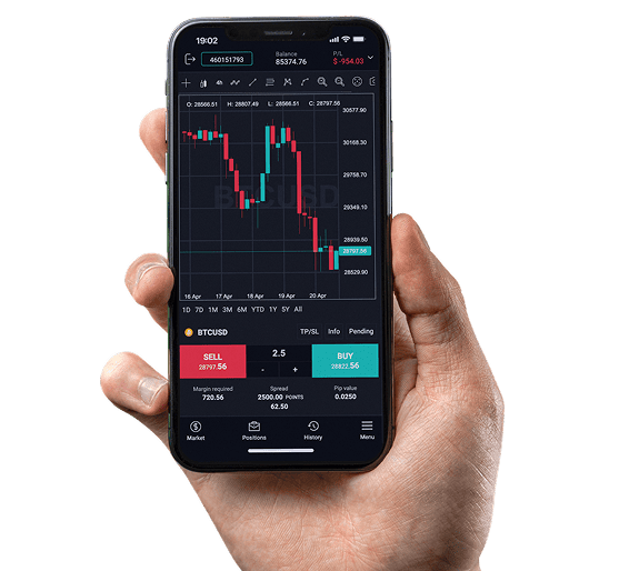 A hand holds a smartphone displaying a cryptocurrency trading app with a candlestick chart, buy and sell options, market data, and access to Live Sessions for real-time insights.