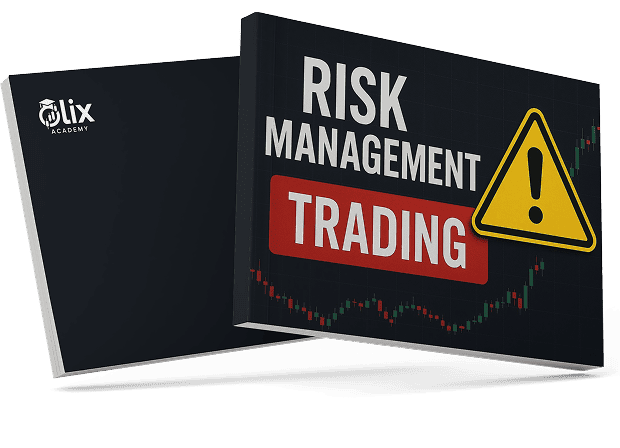 Two books, one titled "Risk Management Trading" with a caution symbol on the cover, the other featuring the Ulix Academy logo and mentioning a Margin Calculator for smarter trading decisions.