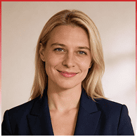 A woman with straight blonde hair wearing a dark blazer is smiling slightly and facing the camera against a plain background.