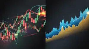 A split image showing colorful candlestick and line graphs on the left, and a blue and yellow rising area chart on the right, both illustrating key differences in financial data trends for investing and trading.