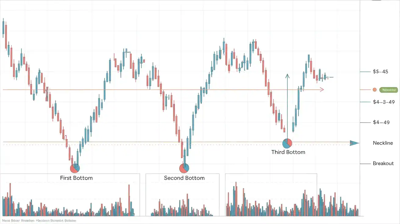 Stock price chart displays a Triple Bottom stock pattern, labeled "First Bottom," "Second Bottom," and "Third Bottom," with neckline, breakout, and price ranges indicated—ideal for analyzing this trading strategy. Volume bars are shown below.