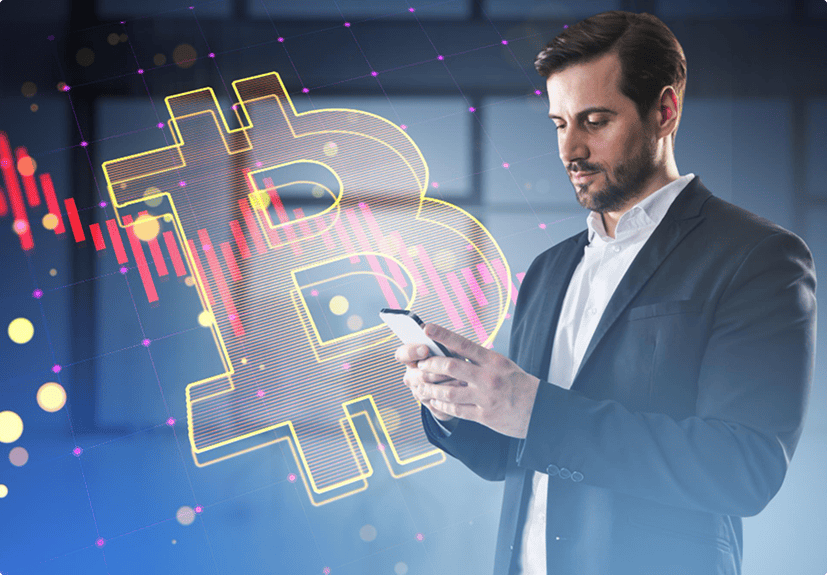 A man in a suit uses his smartphone, with a large Bitcoin symbol and financial chart graphics in the background.