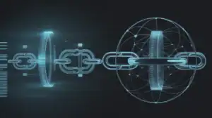A digital illustration showing interconnected blockchain links, futuristic interfaces, and a globe formed by lines and nodes, symbolizing global digital networks—ideal for those exploring blockchain or looking to Buy Chainlink or follow a Chainlink guide.