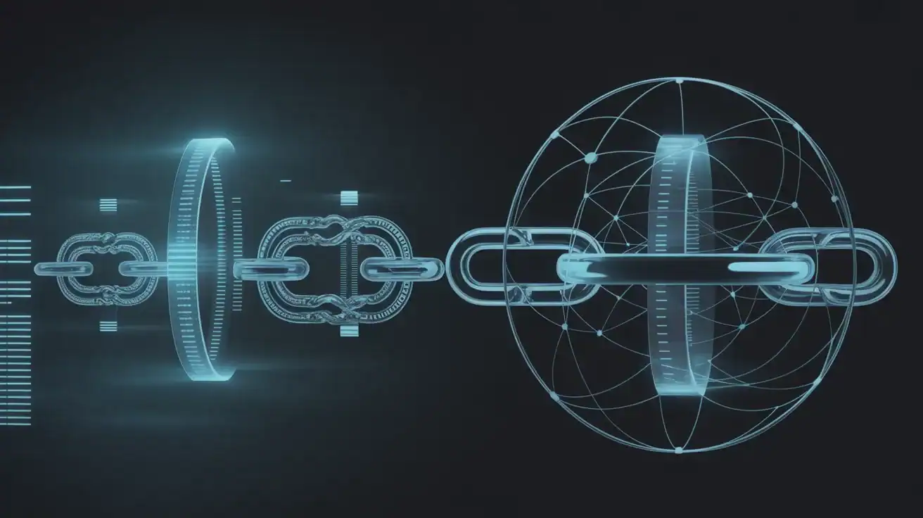 A digital illustration showing interconnected blockchain links, futuristic interfaces, and a globe formed by lines and nodes, symbolizing global digital networks—ideal for those exploring blockchain or looking to Buy Chainlink or follow a Chainlink guide.
