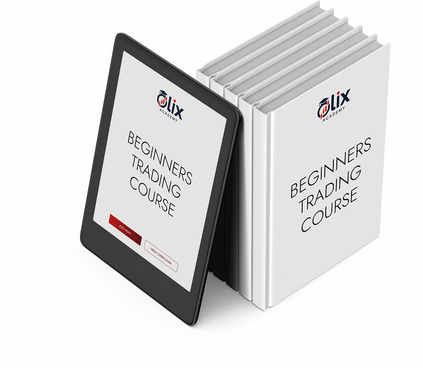 A tablet displaying "Beginners Trading Course" stands next to four identical books with the same title and the Olix Academy logo on their covers.