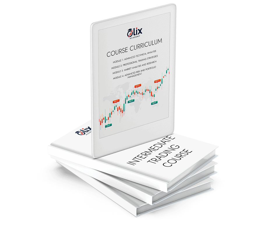 A tablet displaying an Intermediate trading course curriculum stands upright on three stacked books labeled "Intermediate Trading Course.