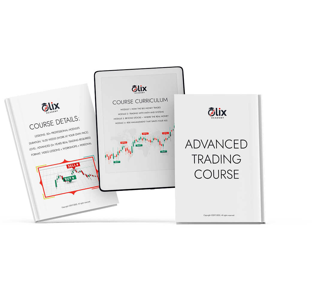 Three course booklets titled "COURSE DETAILS," "COURSE CURRICULUM," and "ADVANCED TRADING COURSE" from Olix Academy are displayed standing upright.