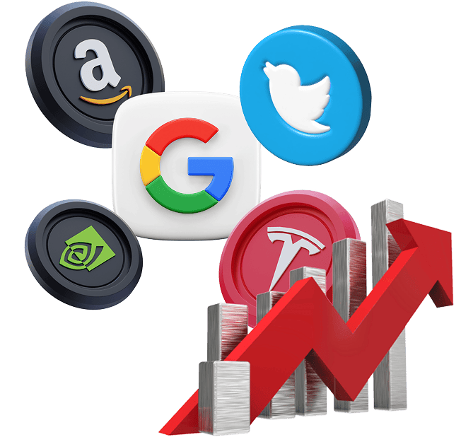 Logos of Amazon, Google, Twitter, Nvidia, and Tesla surround a red upward arrow over bar graphs, representing stock trading growth in major tech company stocks.