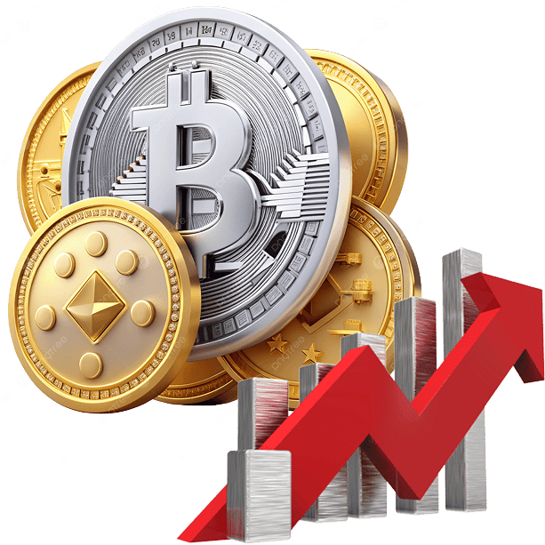 Stack of cryptocurrency coins, including Bitcoin and Ethereum, behind a red upward-trending arrow and bar graph, symbolizing rising value or growth in digital currency.