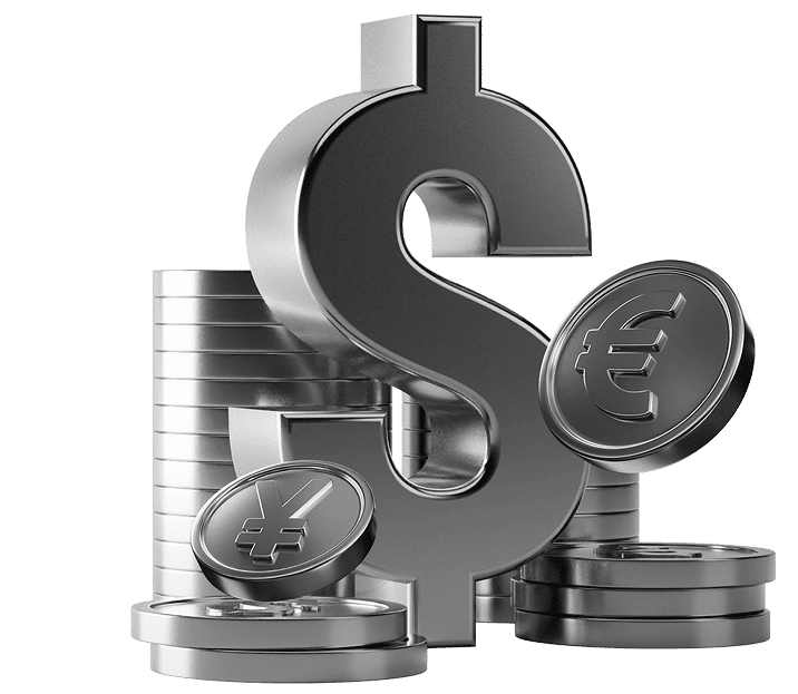 Metallic symbols for dollar, euro, and yen currency with stacks of coins, representing international finance or global currency exchange.