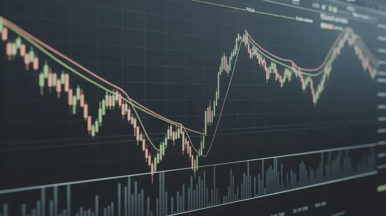 A line chart showing fluctuating stock market prices with two moving averages and a bar graph representing trading volume below, ideal for technical analysis or spotting patterns like the Double Bottom Pattern.