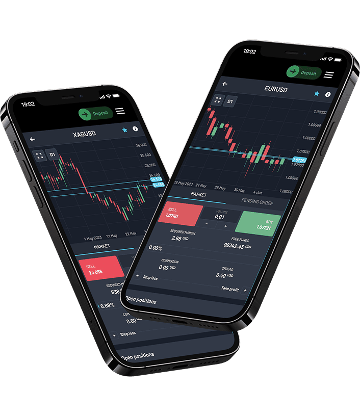 Two smartphones display financial trading app interfaces with candlestick charts and market data for XAG/USD and EUR/USD currency pairs.