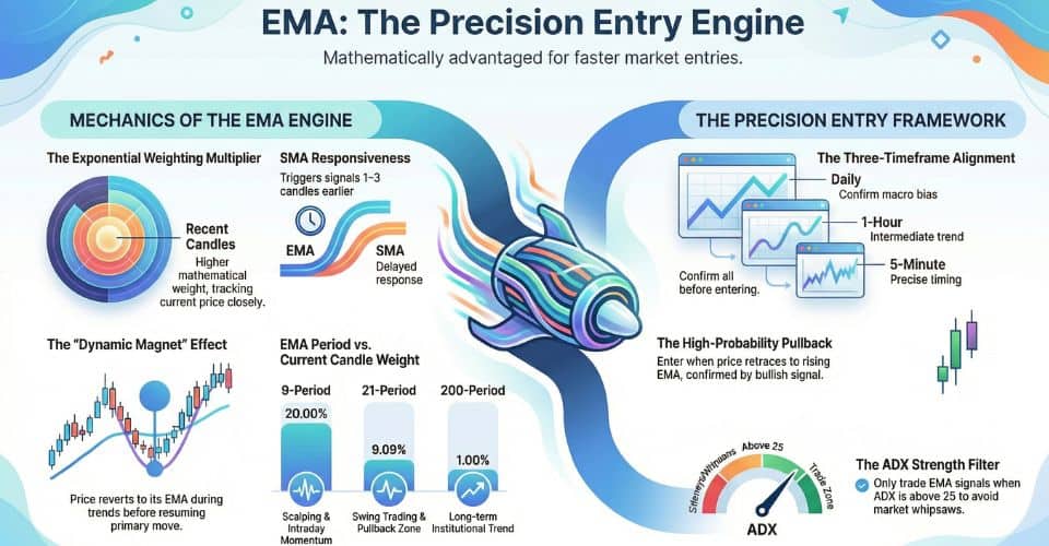 Infographic explaining the EMA Precision Entry Engine, detailing EMA mechanics, pullback identification, timeframe alignment, and how trading strategies use these tools with an ADX strength filter for precise market entries.