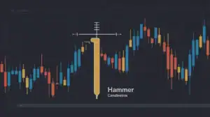 A financial chart displays candlestick patterns with a yellow Hammer Candlestick Pattern, labeled for reference, among red and blue bars on a dark background—perfect for any 2026 Trading Guide.