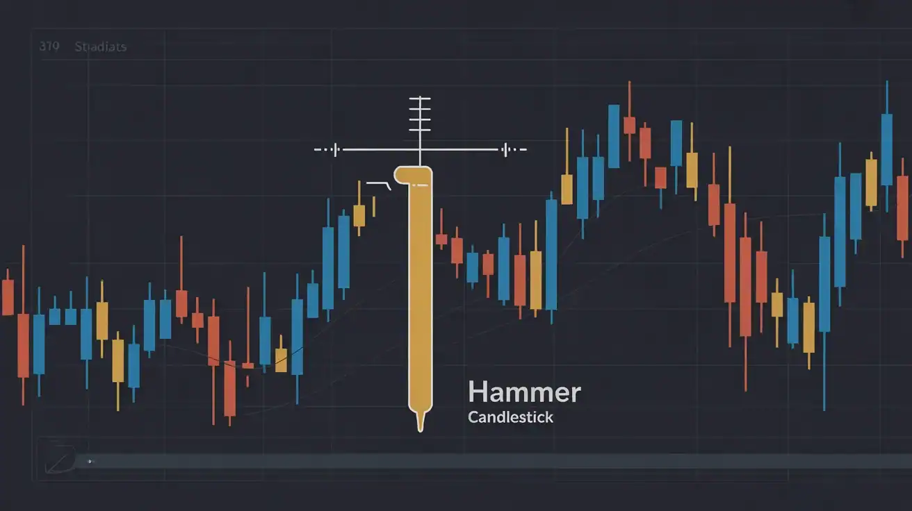 A financial chart displays candlestick patterns with a yellow Hammer Candlestick Pattern, labeled for reference, among red and blue bars on a dark background—perfect for any 2026 Trading Guide.