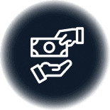 Icon of one hand passing a banknote to another hand, symbolizing the act of giving or receiving money, on a dark circular background.