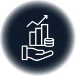 White icon of an open hand holding stacked coins and a bar chart with an upward arrow, on a dark circular background.