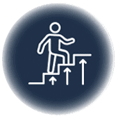 A simple white outline of a person climbing stairs with upward arrows, symbolizing progress or advancement, on a dark circular background.