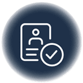 White icon of a document with a person’s silhouette and lines next to a check mark on a dark blue circular background.