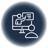 Icon of a person on a computer screen giving a presentation to another person, representing online learning or virtual instruction.