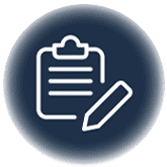 White clipboard with horizontal lines and a pencil icon are shown on a dark blue circular background.