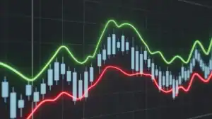 A digital candlestick chart with red and green trend lines shows fluctuating financial data on a dark background, helping traders analyze leading and lagging indicators for informed decisions.