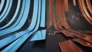 Curved blue and brown metallic bars divide a black background, with faint candlestick financial charts in the center hinting at swift market movement.