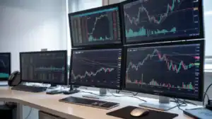 A workstation with six monitors displaying financial charts, stock prices, and market data—perfect for those who want to start trading or explore real-time trading examples in a professional office setting.